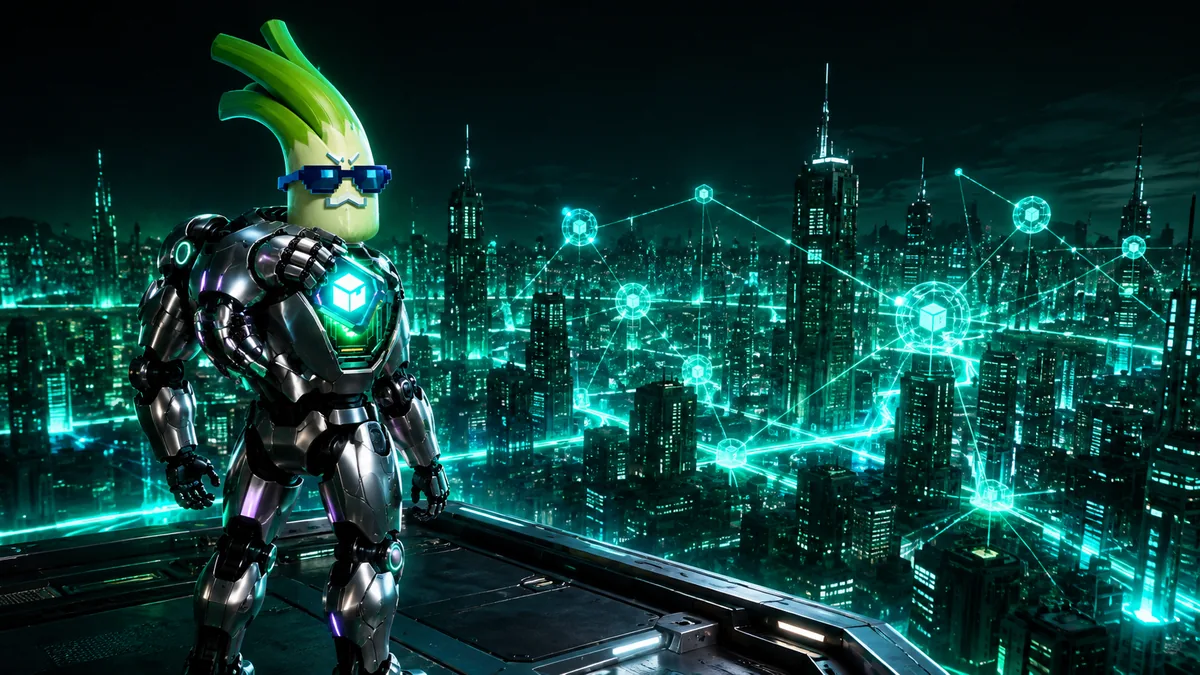 SELFCYBER on a rooftop above a neon city crossed by glowing emerald network links.