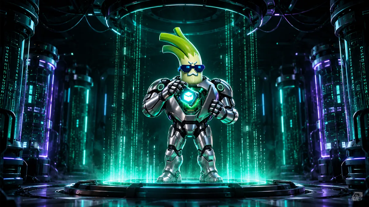 SELFCYBER activating on a glowing platform inside a data chamber as green code rains around it.